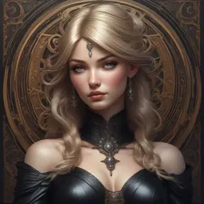 Alluring matte portrait of a beautiful Sona wearing black leather, 8k, Highly Detailed, Intricate, Half Body, Realistic, Sharp Focus, Volumetric Lighting, Fantasy, Elegant by Stanley Artgerm Lau, Alphonse Mucha, WLOP