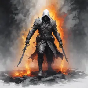 White Assassin emerging from a firey fog of battle, ink splash, Highly Detailed, Vibrant Colors, Ink Art, Fantasy, Dark by Brad Rigney