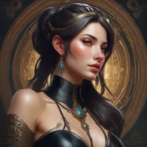 Alluring matte portrait of a beautiful Sona wearing black leather, 8k, Highly Detailed, Intricate, Half Body, Realistic, Sharp Focus, Volumetric Lighting, Fantasy, Elegant by Stanley Artgerm Lau, Alphonse Mucha, WLOP