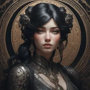 Alluring matte portrait of a beautiful Sona in black, 8k, Highly Detailed, Intricate, Half Body, Realistic, Sharp Focus, Volumetric Lighting, Fantasy, Elegant by Stanley Artgerm Lau, Alphonse Mucha, WLOP