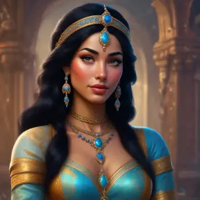 Alluring matte portrait of Princess Jasmine, 4k, 4k resolution, 8k, HD, High Definition, High Resolution, Highly Detailed, HQ, Hyper Detailed, Intricate Artwork, Ultra Detailed, Digital Painting, Matte Painting, Realistic, Sharp Focus, Dim light, Fantasy by Greg Rutkowski