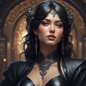 Alluring matte portrait of a beautiful Sona wearing black leather, 8k, Highly Detailed, Intricate, Half Body, Realistic, Sharp Focus, Volumetric Lighting, Fantasy, Elegant by Stanley Artgerm Lau, Alphonse Mucha, WLOP