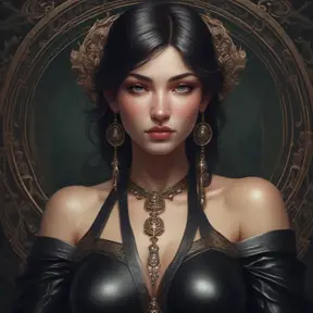 Alluring matte portrait of a beautiful Sona wearing black leather, 8k, Highly Detailed, Intricate, Half Body, Realistic, Sharp Focus, Volumetric Lighting, Fantasy, Elegant by Stanley Artgerm Lau, Alphonse Mucha, WLOP