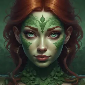 Closeup matte portrait of a tattooed Poison Ivy, symmetrical face, 8k, Highly Detailed, Intricate, Artstation, Matte Painting, Sharp Focus, Concept Art by Stanley Artgerm Lau, Greg Rutkowski