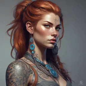 Colorful portrait of a tattooed Aloy with a grey scale face, 4k, Highly Detailed, Hyper Detailed, Powerful, Artstation, Vintage Illustration, Digital Painting, Sharp Focus, Smooth, Concept Art by Stanley Artgerm Lau, Alphonse Mucha, Greg Rutkowski