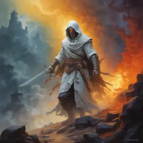 White Assassin emerging from a firey fog of battle, ink splash, Highly Detailed, Vibrant Colors, Ink Art, Fantasy, Dark by Tim Hildebrandt