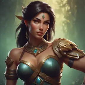 Alluring matte portrait of a beautiful Nidalee in the style of Stefan Kostic, 8k, Highly Detailed, Intricate, Half Body, Realistic, Sharp Focus, Volumetric Lighting, Fantasy, Elegant by Stanley Artgerm Lau, Greg Rutkowski