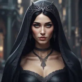 Alluring portrait of a beautiful raven black-haired veiled & caped vampire with sharp features and piercing eyes in the style of Stefan Kostic, 8k, High Definition, Highly Detailed, Intricate, Half Body, Realistic, Sharp Focus, Fantasy, Elegant