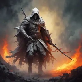 White Assassin emerging from a firey fog of battle, ink splash, Highly Detailed, Vibrant Colors, Ink Art, Fantasy, Dark by Brad Rigney