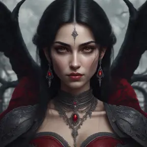 A beautiful romanian vampire woman with penetrating red bright eyes, long fangs, perfect face, 8k, Hyper Detailed, Intricate Details, Masterpiece, Contemporary, Full Body, Trending on Artstation, Gothic, Deviantart, Concept Art by Stefan Kostic