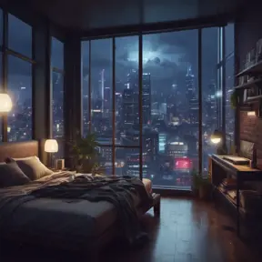 Beautiful cozy bedroom with floor to ceiling glass windows overlooking a cyberpunk city at night, thunderstorm outside with torrential rain, High Resolution, Highly Detailed, Darkwave, Gloomy by Stefan Kostic