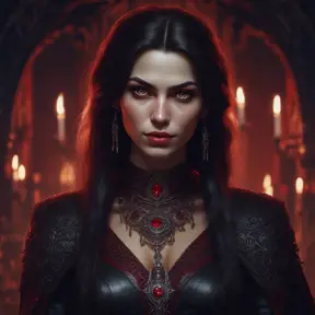 A beautiful romanian vampire woman with penetrating red bright eyes, long fangs, perfect face, 8k, Hyper Detailed, Intricate Details, Masterpiece, Contemporary, Full Body, Trending on Artstation, Gothic, Deviantart, Concept Art by Stefan Kostic