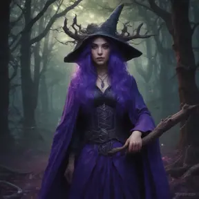 Purple haired witch in a haunted forest, Highly Detailed, Intricate, Gothic, Volumetric Lighting, Fantasy, Dark by Stanley Artgerm Lau