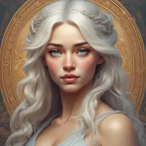 Alluring matte portrait of a beautiful Daenerys Targaryen, 8k, Highly Detailed, Intricate, Half Body, Realistic, Sharp Focus, Volumetric Lighting, Fantasy, Elegant by Alphonse Mucha