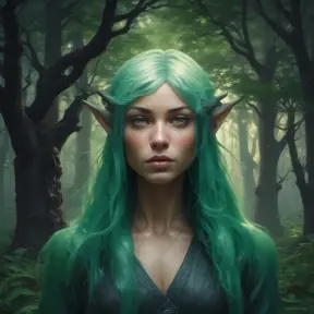 Green haired half-elf in a haunted forest, Highly Detailed, Intricate, Gothic, Volumetric Lighting, Fantasy, Dark by Stanley Artgerm Lau