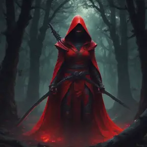 Red hooded female ninja in a haunted forest, Highly Detailed, Intricate, Gothic, Volumetric Lighting, Fantasy, Dark by Stanley Artgerm Lau