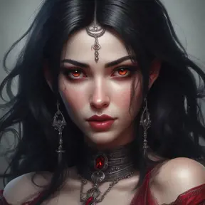 A beautiful romanian vampire woman with penetrating red bright eyes, long fangs, perfect face, 8k, Hyper Detailed, Intricate Details, Masterpiece, Contemporary, Full Body, Trending on Artstation, Gothic, Deviantart, Concept Art by Stanley Artgerm Lau