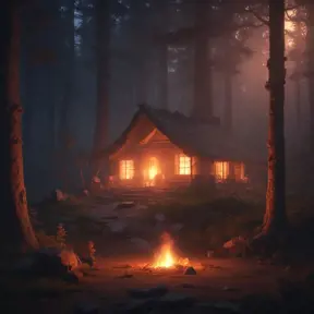 A highly detailed matte painting of a camp fire in the forest at night by studio ghibli, 4k resolution, Masterpiece, Trending on Artstation, Cyberpunk, Octane Render, Volumetric Lighting