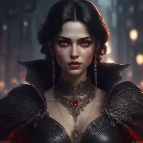 A beautiful romanian vampire woman with penetrating red bright eyes, long fangs, perfect face, 8k, Hyper Detailed, Intricate Details, Masterpiece, Contemporary, Full Body, Trending on Artstation, Gothic, Deviantart, Concept Art by WLOP