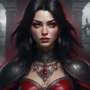 A beautiful romanian vampire woman with penetrating red bright eyes, long fangs, perfect face, 8k, Hyper Detailed, Intricate Details, Masterpiece, Contemporary, Full Body, Trending on Artstation, Gothic, Deviantart, Concept Art by Stanley Artgerm Lau