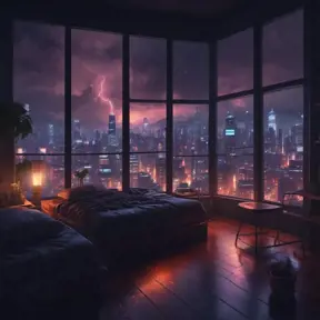 Beautiful cozy bedroom with floor to ceiling glass windows overlooking a cyberpunk city at night, thunderstorm outside with torrential rain, High Resolution, Highly Detailed, Darkwave, Gloomy by Stefan Kostic