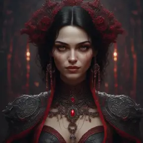 A beautiful romanian vampire woman with penetrating red bright eyes, long fangs, perfect face, 8k, Hyper Detailed, Intricate Details, Masterpiece, Contemporary, Full Body, Trending on Artstation, Gothic, Deviantart, Concept Art by Stefan Kostic