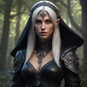 Dungeons and dragons forest elf character full body portrait, white skin, dark gothic black armor, wearing a black veil, dramatic light, dungeon background, 8k, Gothic and Fantasy, Elden Ring, Photo Realistic, Dynamic Lighting by Stanley Artgerm Lau, Greg Rutkowski