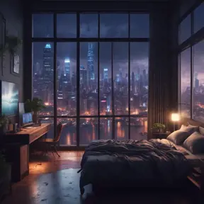 Beautiful cozy bedroom with floor to ceiling glass windows overlooking a cyberpunk city at night, thunderstorm outside with torrential rain, High Resolution, Highly Detailed, Darkwave, Gloomy by Stefan Kostic