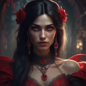 A beautiful romanian vampire woman with penetrating red bright eyes, long fangs, perfect face, 8k, Hyper Detailed, Intricate Details, Masterpiece, Contemporary, Full Body, Trending on Artstation, Gothic, Deviantart, Concept Art by Stefan Kostic