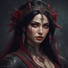 A beautiful romanian vampire woman with penetrating red bright eyes, long fangs, perfect face, 8k, Hyper Detailed, Intricate Details, Masterpiece, Contemporary, Full Body, Trending on Artstation, Gothic, Deviantart, Concept Art by Stefan Kostic