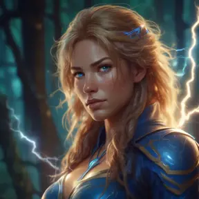 Closeup of a beautiful lightning mage in a magical forest, 4k, Highly Detailed, Masterpiece, Pretty Face, Digital Illustration, Cinematic Lighting, Realistic, Sharp Focus, Centered, Beautifully Lit, Bioluminescent by Stanley Artgerm Lau