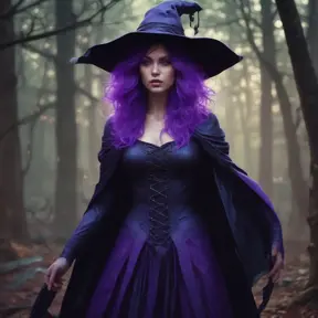 Purple haired witch in a haunted forest, Highly Detailed, Intricate, Gothic, Volumetric Lighting, Fantasy, Dark by Stanley Artgerm Lau