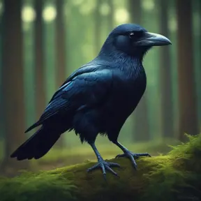 Raven in a green magical forest, Highly Detailed, Bokeh effect, Sharp Focus, Volumetric Lighting, Fantasy by Greg Rutkowski