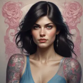 Matte portrait of Alexandra Daddario with tattoos, 8k, Highly Detailed, Powerful, Alluring, Artstation, Magical, Digital Painting, Photo Realistic, Sharp Focus, Volumetric Lighting, Concept Art by Stanley Artgerm Lau, Alphonse Mucha, Greg Rutkowski