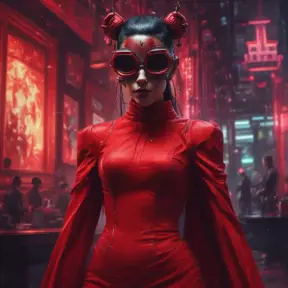 Asian cyberpunk feme fatale in expensive red dress with mask at a masquerade ball smart but dangerous in a high-tech club., Oil on Canvas, Photo Realistic