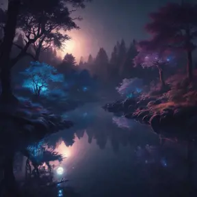 A magical pond in a fantasy forest with glowing blue trees at night, 4k, HQ, Intricate, Artstation, Cinematic Lighting, Photo Realistic, Sharp Focus, Unreal Engine, Dark