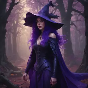 Purple haired witch in a haunted forest, Highly Detailed, Intricate, Gothic, Volumetric Lighting, Fantasy, Dark by Stanley Artgerm Lau