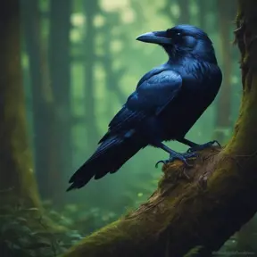 Raven in a green magical forest, Highly Detailed, Bokeh effect, Sharp Focus, Volumetric Lighting, Fantasy by Greg Rutkowski