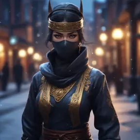 Wallpaper of a mysterious beautiful masked kunoichi ninja wearing eyeliner and gold jewelry in the streets of a dark snowy town in moscow, fluid motion, 8k, Intricate Details, Trending on Artstation, Beautiful, Stunning, Centered by Stanley Artgerm Lau, WLOP