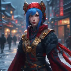 Mysterious beautiful kunoichi ninja wearing black, red and gold in the streets of a dark snowy town in russia, 8k, Intricate Details, Trending on Artstation, Blue Hair by Stanley Artgerm Lau, WLOP