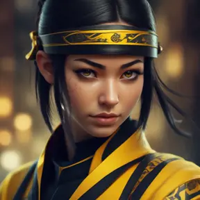 Matte portrait of a beautiful Kunoichi Ninja in black and yellow, 8k, Highly Detailed, Intricate, Realistic, Sharp Focus, Volumetric Lighting, Fantasy, Elegant by Stanley Artgerm Lau, WLOP, Stefan Kostic