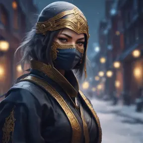 Wallpaper of a mysterious beautiful masked kunoichi ninja wearing eyeliner and gold jewelry in the streets of a dark snowy town in moscow, fluid motion, 8k, Intricate Details, Trending on Artstation, Beautiful, Stunning, Centered by Stanley Artgerm Lau, WLOP