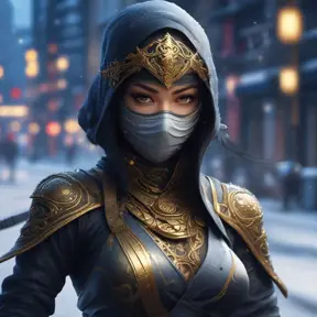 Wallpaper of a mysterious beautiful masked kunoichi ninja wearing eyeliner and gold jewelry in the streets of a dark snowy town in moscow, fluid motion, 8k, Intricate Details, Trending on Artstation, Beautiful, Stunning, Centered by Stanley Artgerm Lau, WLOP