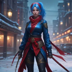 Mysterious beautiful kunoichi ninja with blue hair wearing black, red, and gold jewelry in the streets of a dark snowy town in russia, 8k, Intricate Details, Trending on Artstation, Red Hair by Stanley Artgerm Lau, WLOP