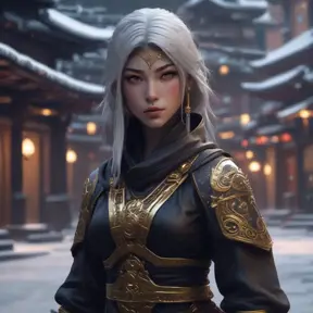 Mysterious beautiful armed kunoichi ninja wearing eyeliner and gold jewelry in the streets of a dark snowy town, 8k, Intricate Details, Trending on Artstation, Beautiful, Stunning, Centered by Stanley Artgerm Lau, WLOP