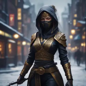 8k wallpaper of a mysterious beautiful masked kunoichi ninja wearing eyeliner and gold jewelry in the streets of a dark snowy town in moscow, fluid motion, 8k, Intricate Details, Trending on Artstation, Beautiful, Stunning by Stanley Artgerm Lau, WLOP