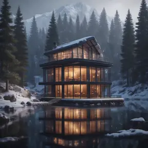 Grand futuristic glass cabin in the woods surrounded by a lake in winter, Atmospheric, Highly Detailed, Intricate, Trending on Artstation, Stunning, Realistic, Unreal Engine, Dynamic Lighting, Radiant, Fantasy by Greg Rutkowski