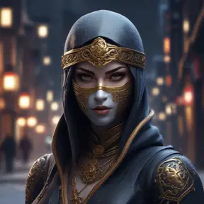 8k wallpaper of a mysterious beautiful masked kunoichi ninja wearing eyeliner and gold jewelry in the streets of a dark snowy town in moscow, fluid motion, 8k, Intricate Details, Trending on Artstation, Beautiful, Stunning by Stanley Artgerm Lau, WLOP