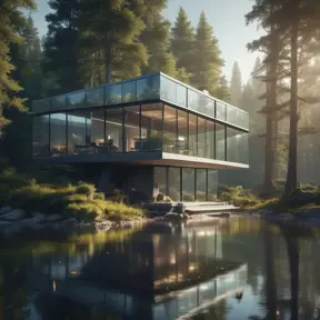 Beautiful futuristic architectural glass house in the forest on a large lake, 8k, Award-Winning, Highly Detailed, Beautiful, Epic, Octane Render, Unreal Engine, Radiant, Volumetric Lighting by Greg Rutkowski