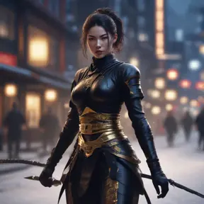 Mysterious beautiful armed kunoichi ninja wearing black leather and gold in the streets of dark snowy tokyo, 8k, Intricate Details, Trending on Artstation, Beautiful, Stunning, Centered by Stanley Artgerm Lau, WLOP